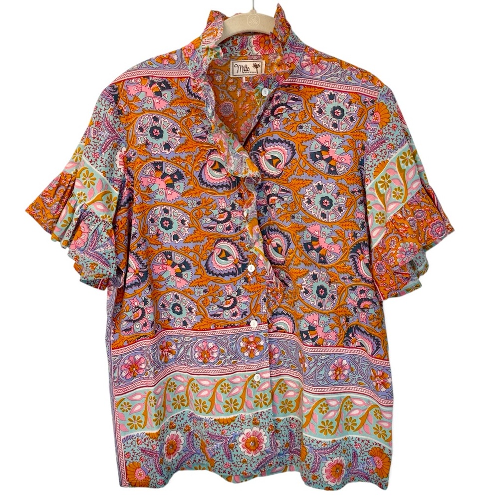 Mille Resort&Travel Vanessa Cotton Block Print Short Sleeve Shirt M Ruffle Trim